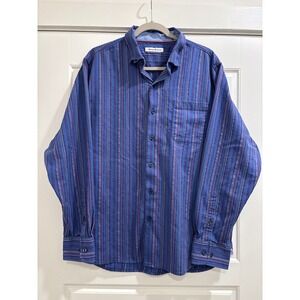 Tommy Bahama Mens Large Blue Purple Silk Blend Striped Long Sleeve Button Down